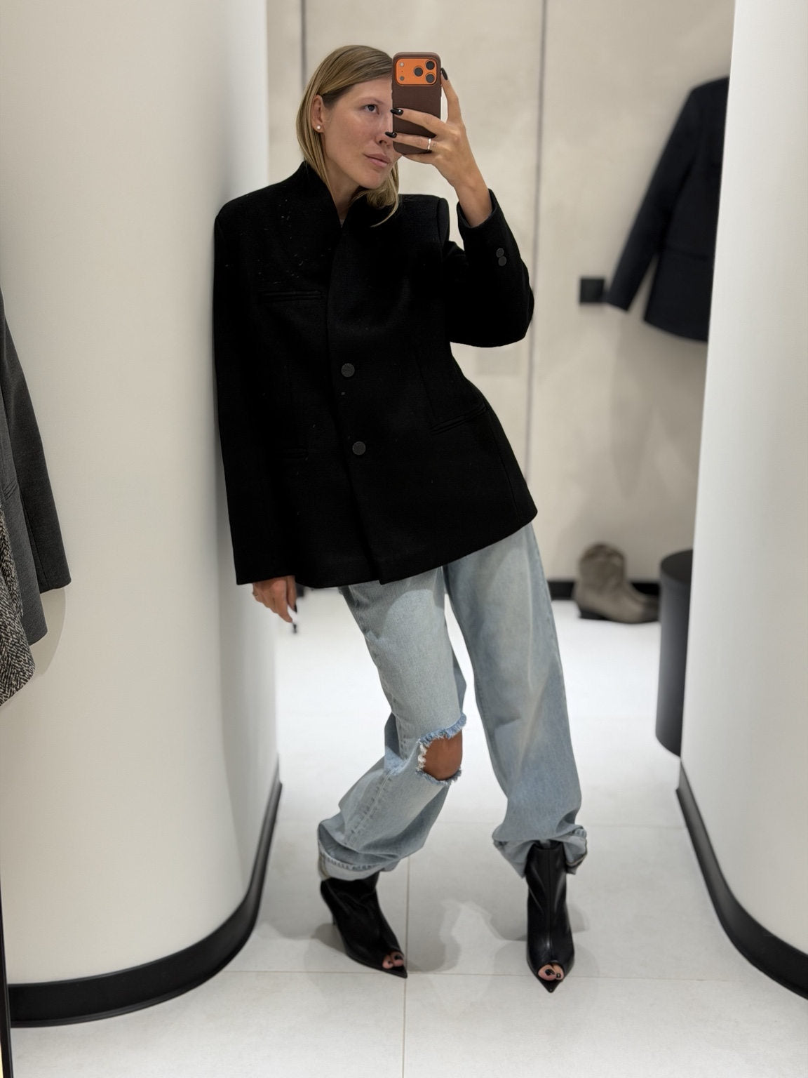 Collarless Wool Black Blazer