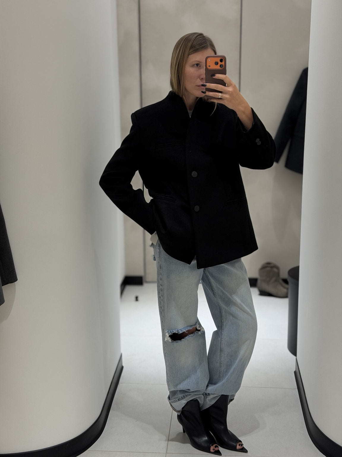 Collarless Wool Black Blazer