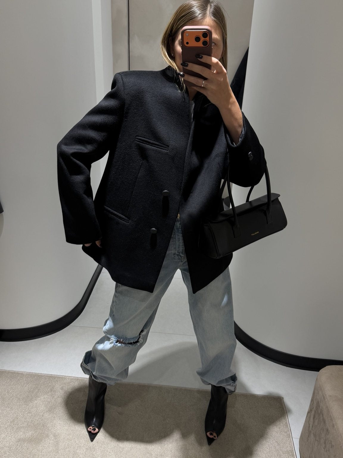 Collarless Wool Black Blazer