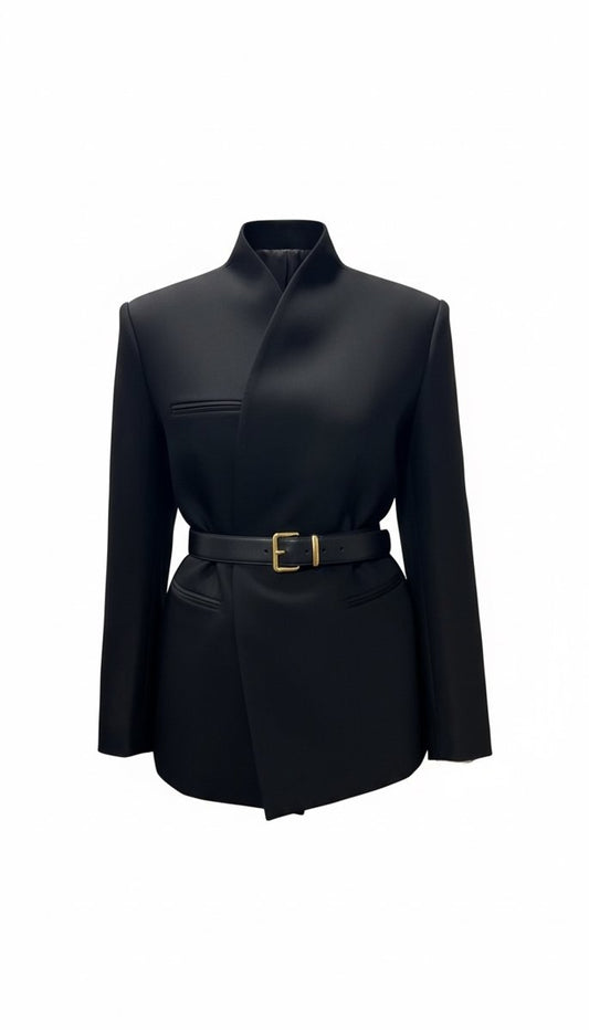 Collarless Blazer with Hidden Magnetic Closure Black