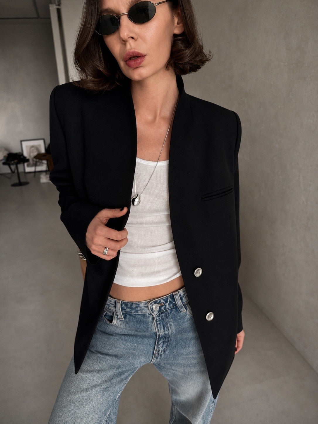 Collarless Blazer Black